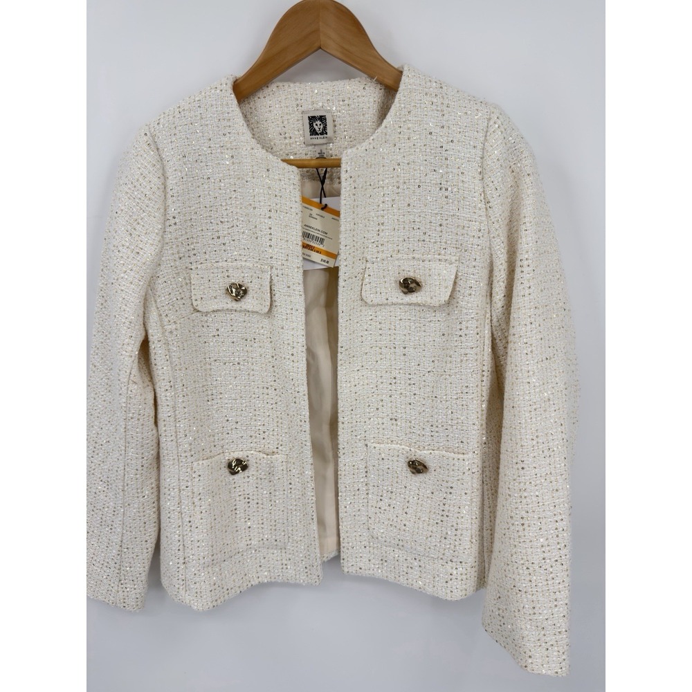 Anne Klein Ivory Gold Metallic Sz S Open Front Lined Collarless Jacket Old Money